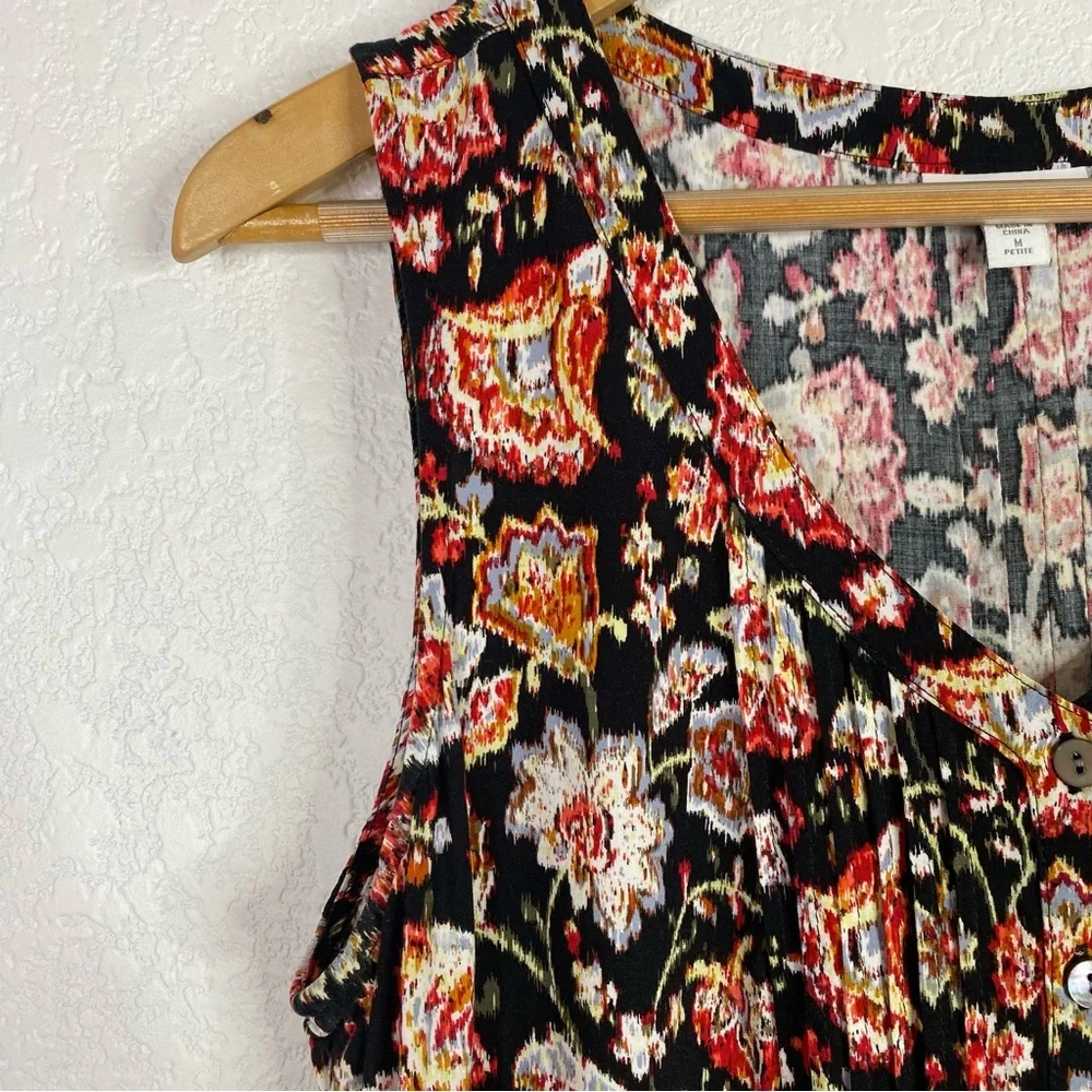 J. Jill Black & Multi Color Floral Print Pleated Sleeveless Dress